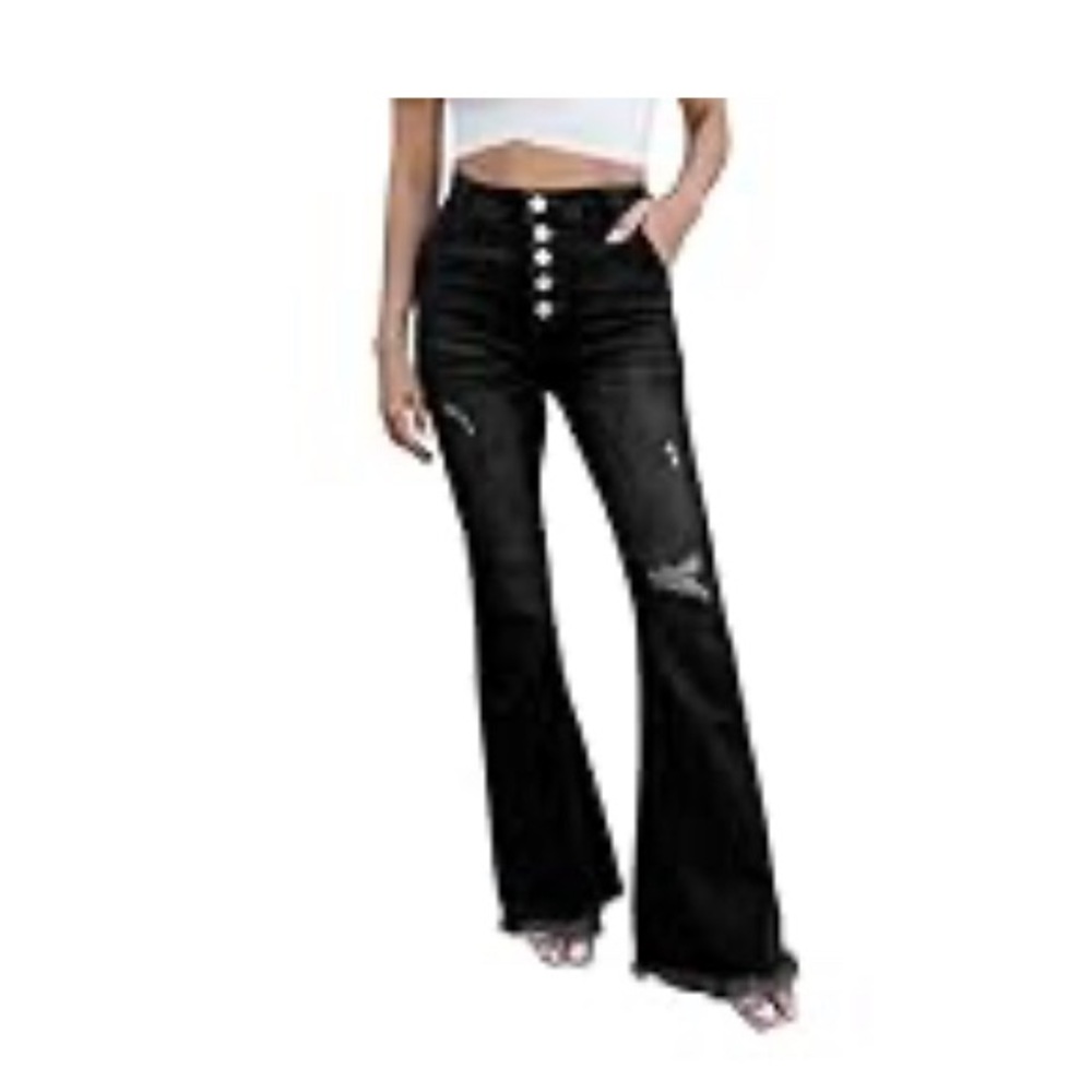 Black, 5 Button Bell Bottom Jeans, Distressed